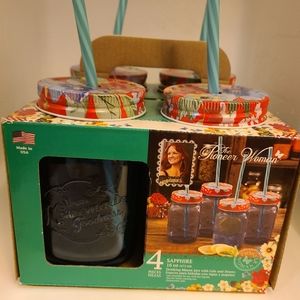 Sapphire Pioneer Woman 16oz. Drinking Mason Jars w/Lids & Straws